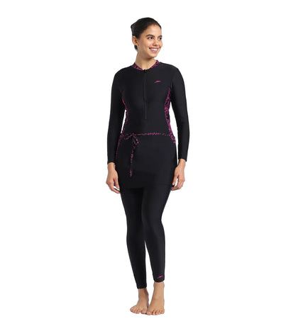 Women's Endurance10 Printed Two Piece Full Bodysuit Swimwear  - Black & Boom Splice_3