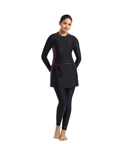 Women's Endurance10 Printed Two Piece Full Bodysuit Swimwear  - Black & Boom Splice_4