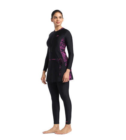 Women's Endurance10 Printed Two Piece Full Bodysuit Swimwear  - Black & Boom Splice