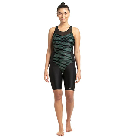 Women's Mesh Panel Legsuit Swimwear  - Black & Greenglow_6