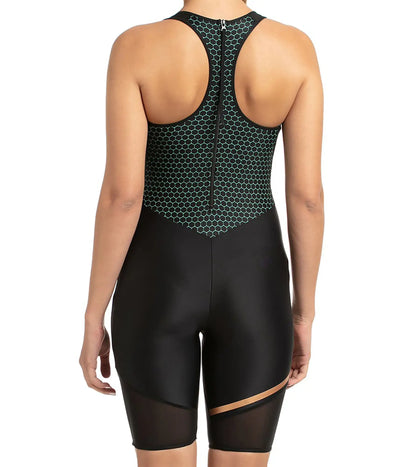 Women's Mesh Panel Legsuit Swimwear  - Black & Greenglow