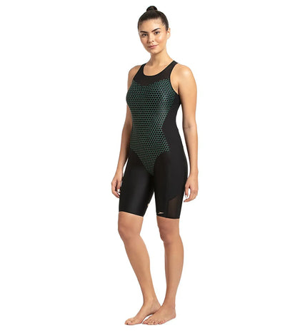 Women's Mesh Panel Legsuit Swimwear  - Black & Greenglow_2