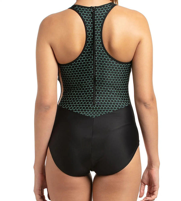 Women's Mesh Panel One Piece Swimwear - Black & Greenglow_4