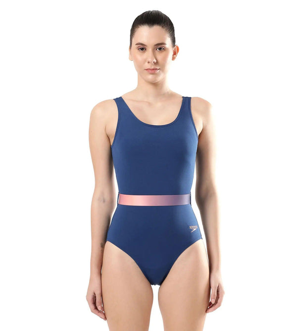 Women's Belted U Back One Piece Swimwear - Ammonite  &  Soft Coral_1