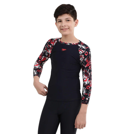 Boy's Endurance Glitchamp Long Sleeve Suntop - True Navy & Lava Red_2