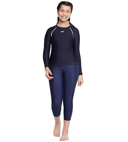 Girl's Endurance Solid Long Sleeve Suntop - True Navy  &  Spritz_3