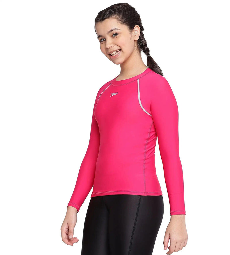 Girl's Endurance Solid Long Sleeve Suntop - Cherry & White_2