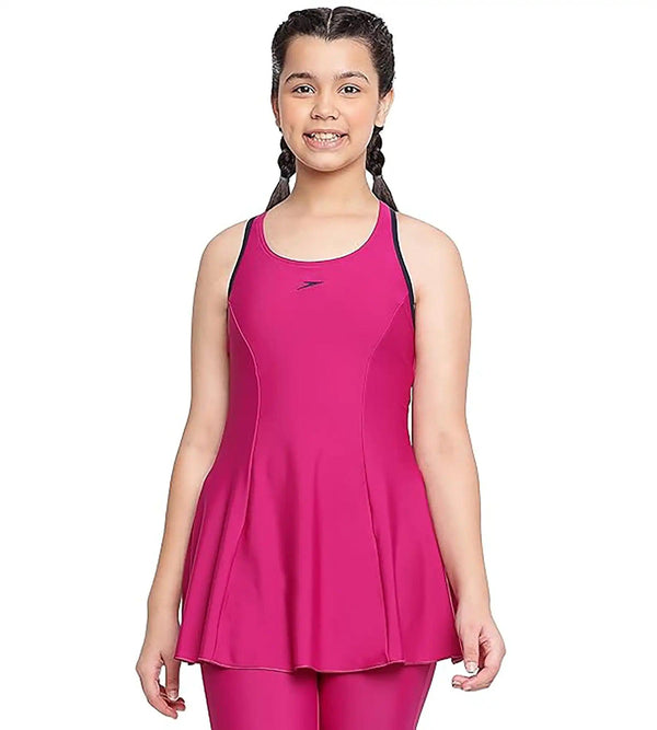 Girl's Racerback Swimdress With Boyleg - Berry & True Navy_1