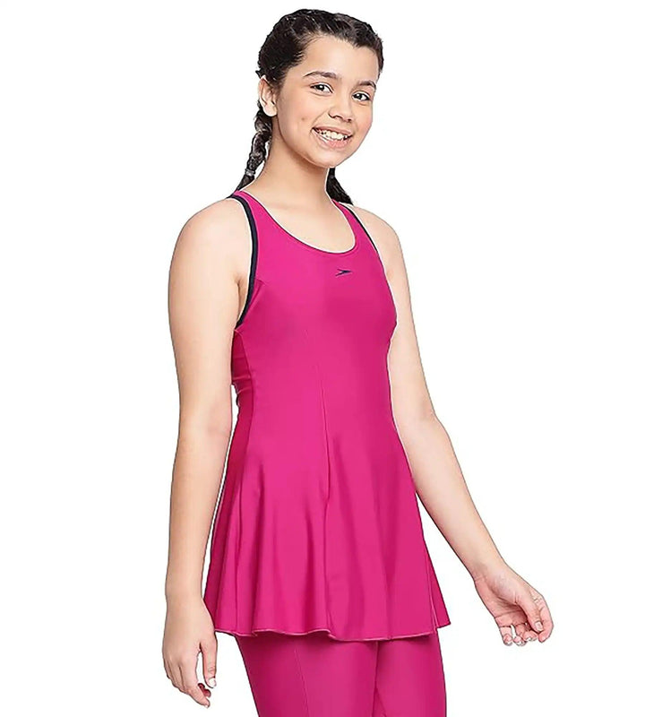 Girl's Racerback Swimdress With Boyleg - Berry & True Navy_3