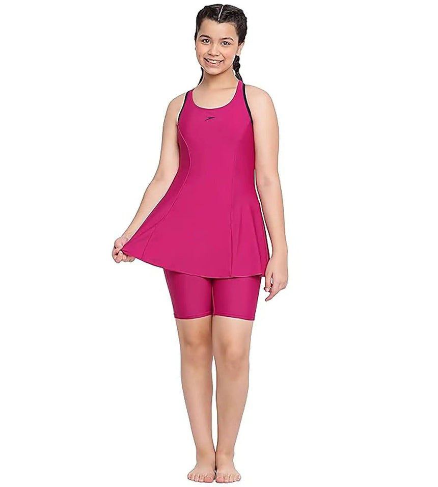 Girl's Racerback Swimdress With Boyleg - Berry & True Navy_5
