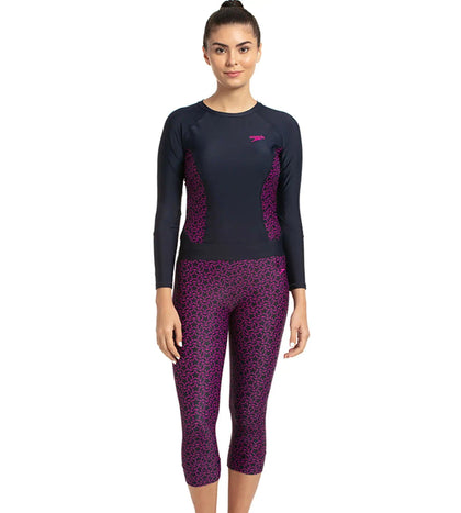 Women's Printed Contrast Swim Capri   - True Navy & Electric Pink_5